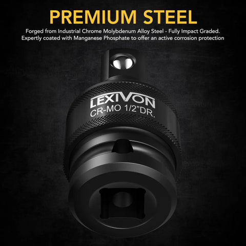 Beefy Impact Universal Joint Socket Set 3-Piece Swivel With Ball Spring Design 1/2 In Drive Cr-Mo steel close-up angled view