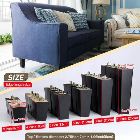 3 Inch Wood Furniture Legs Set Of Four In Black Square Finish Mid Century Modern Replacement Feet size comparison chart