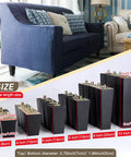Set Of 4 Black Square Wood Furniture Legs In 3 To 10 Inch Heights with a sofa, showing size comparison and easy install bolts.