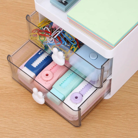 Compact Desk Organizer With Drawer And Divided Compartments For Pens Pencils Cards Phone Clips Markers Sticky Notes And Makeup Accessories Ideal Office School And Home White featuring open drawers with colorful supplies