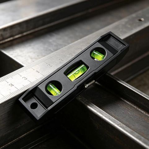 Magnetic Torpedo Level 6 Inch, 3 Bubble Spirit Measuring Tool placed on steel surface with measuring ruler.