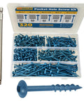 Blue Coated Pocket Hole Screws Kit In Five Sizes From One Inch To Two And A Half Inches Includes 320 Pcs For Outdoor Do It Yourself Woodworking Square Drive Self Tapping Coarse Thread With Washer Head And Included Drive Bit.