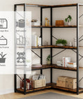 Straight Up Solid Five Tier Corner Bookshelf L Shaped Large Bookcase Rustic Brown Open Shelving Unit displaying books, plants, and decor.