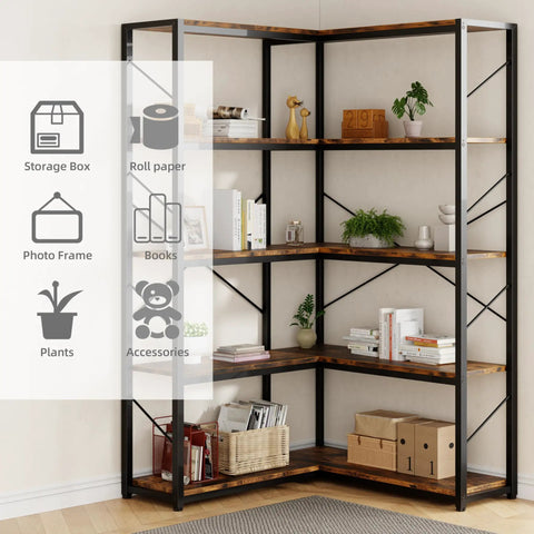 Straight Up Solid Five Tier Corner Bookshelf L Shaped Large Bookcase Rustic Brown Open Shelving Unit displaying books, plants, and decor.