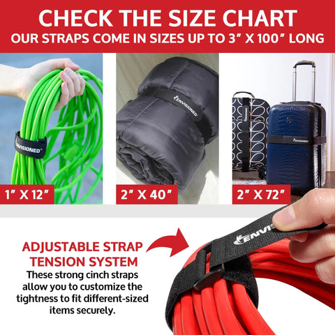 Reusable Cinch Straps 2x40 Inches pack of 6 black heavy duty tie down straps for cargo and luggage, illustration with strap tension system.