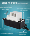 Front view of Little Giant VCMA-20ULST condensate pump; white top housing on black base with 1/2-gallon tank and power cord