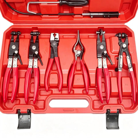 Rock Solid 9 Piece Hose Clamp Pliers Set With Flexible Shaft For Fast Repair And Damage Free Removal On Spring And Worm Gear Clamps Without Slipping In Tight Spots, red case open