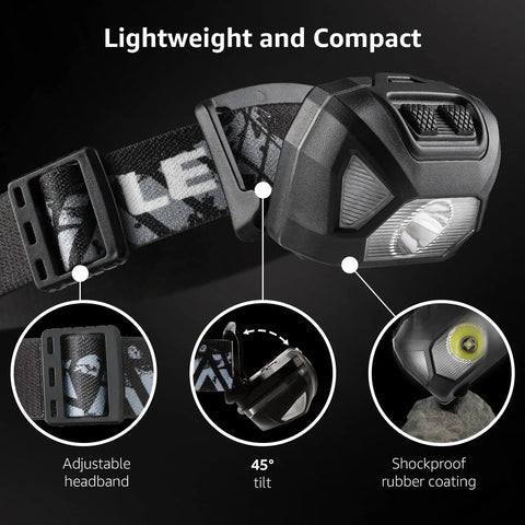 Super Bright Led Headlamp Two Pack with awesome lighting modes, adjustable headband, shockproof rubber coating, 45° tilt, lightweight design