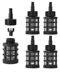 Set of black hose inlet strainers with 60-mesh stainless steel screens and check valves for 3/8–1/2 inch hoses