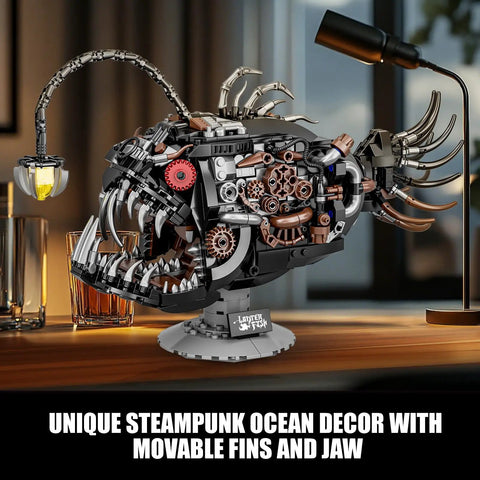 Mechanical Angler Fish Building Set With Light For Home Office Decor And Ocean Themed Lit Fun Lantern Fish Toy Lego Compatible Sea Creature STEM Gift Idea For Adults And Teens 1038 Piece Set, desk display