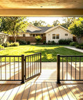 Straight Up Heavy Duty 48 Inch Wide By 42 Inch High Outdoor Deck Gate Kit In Matte Black featured in a sunny backyard.