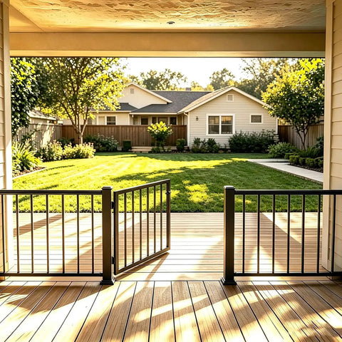 Straight Up Heavy Duty 48 Inch Wide By 42 Inch High Outdoor Deck Gate Kit In Matte Black featured in a sunny backyard.