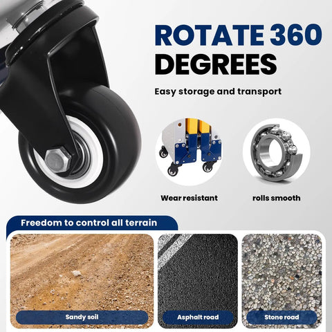 Close-up of 360-degree swivel wheel for 65 Inch Portable Folding Work Platform And Rock Hard 2000 Lbs Heavy Duty Welding Table.