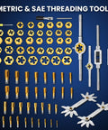Titanium-Coated Tap And Die Set 86-Piece Pro Grade Threading Kit With SAE And Metric Sizes, HSS Cutting tools displayed.