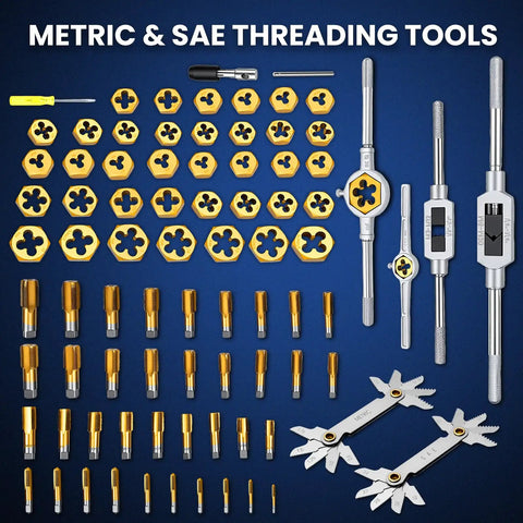 Titanium-Coated Tap And Die Set 86-Piece Pro Grade Threading Kit With SAE And Metric Sizes, HSS Cutting tools displayed.