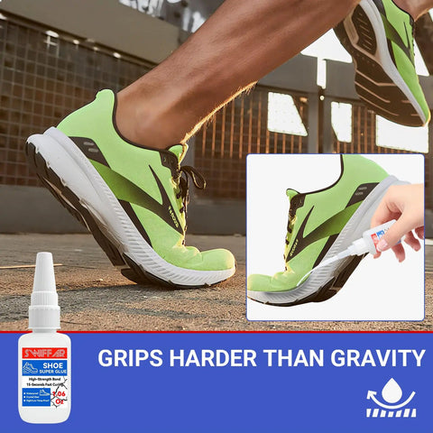 Heavy Duty Shoe Glue For Sole Repair That Delivers A Super Strong Bond For Rubber Boots Sneakers Leather Sandals And High Heels Tough As Nails Built To Last Waterproof Quick Dry Flexible And Clear Adhesive bottle next to repaired sneaker.