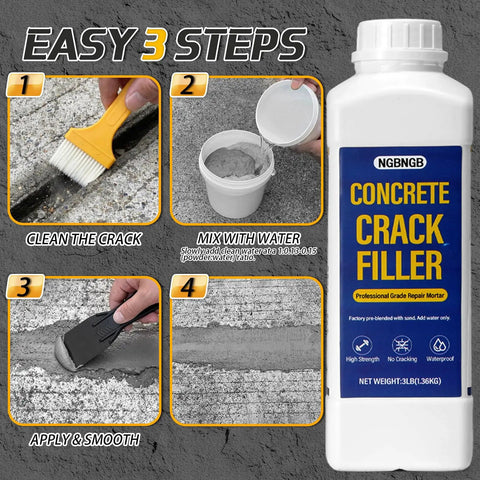 Heavy Duty Concrete Crack Filler Kit 3Lb Gray For Driveways Walkways And Patios DIY Mortar Repair With Quartz Sand Includes Scraper Brush And Gloves All In One shown with application steps