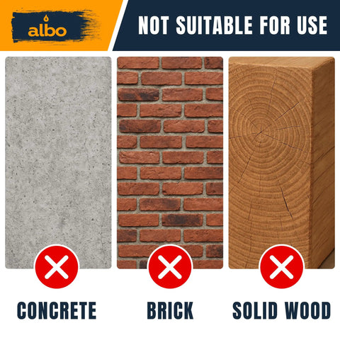 Image showing surfaces not suitable for Knockout Drywall Anchor Kit With Screws for hollow walls: concrete, brick, and solid wood.