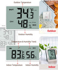 Long Range Indoor Outdoor Thermometer With 2 Wireless Sensors, 500 Ft Range, Real Time Temperature And Humidity Readouts, Battery Included, Tabletop Or Wall Mount Ready, No Fuss Setup For Home Or Office. digital display showing indoor and outdoor readings