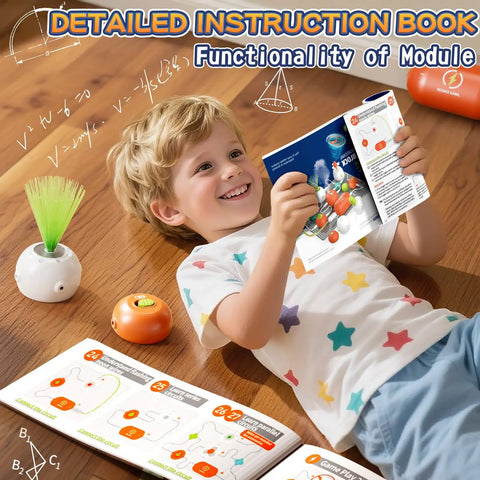 Child using Science Experiment Kit For Kids Ages Five To Twelve With Circuit Building Projects Including Microphone Speaker Module RGB Light Module And Powered Host 108 Hands On Electronics And STEM Experiments Educational Gift Toy with instruction book