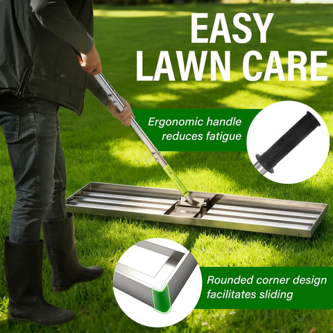 Person using Heavy Duty 36x12 Inch Lawn Leveling Rake With Stainless Steel Build And Adjustable 78 Inch Handle For Yardwork