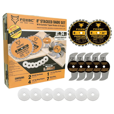 Pro Grade 8 Inch Carbide Stacking Dado Blade Set For SawStop Jet DeWalt Bosch Saws 14 Piece Kit with blades and shims