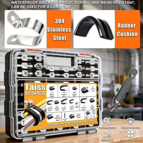 575 Piece Stainless Steel Cable Clamps Kit With Rubber Cushions And Screws Washers And Bit 12 Sizes P Clamp Set Ranging From Three Sixteenth Inch To Two Inch Heavy Duty Wire Clamps For Marine Auto Industrial Use Must Have For Any Project, featuring 304 stainless steel and rubber cushions display