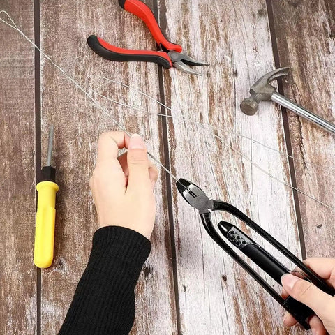 6 Inch Reversible Safety Wire Twister Pliers With 50ft Stainless Steel Twist Wire 032 Gauge in use on wooden surface