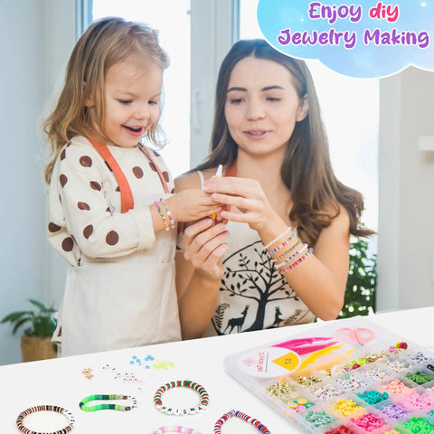 Mother and daughter using 5300 Clay Beads Bracelet Making Kit For Kids Ages 8 To 12 With 500 Charms And Alphabet Beads A To Z Plus Vowels Ideal For Arts And Crafts Easter Toys Birthday Party Activities