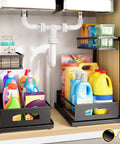 No Sweat Heavy Duty Under Sink Organizer Two Pack L Shaped Metal Pull Out Drawers For Kitchen Cabinets, storing cleaners under sink.