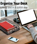 Person using laptop and Mesh Desk Organizer With Single Tray For Letter And A4 Papers, scratch-resistant steel wire on wooden desk