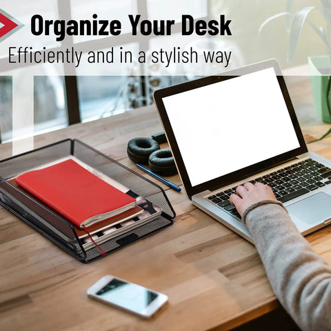 Person using laptop and Mesh Desk Organizer With Single Tray For Letter And A4 Papers, scratch-resistant steel wire on wooden desk