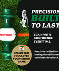 Putting Trainer Alignment Gate on turf with text highlighting durability and feedback for start line and roll consistency.