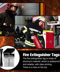 Firefighter holding Metal Fire Extinguisher Inspection Tags 2026 2029 Aluminum Weatherproof 2.3 By 3 Inch with black wire ties