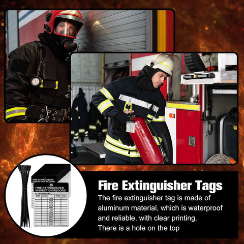 Firefighter holding Metal Fire Extinguisher Inspection Tags 2026 2029 Aluminum Weatherproof 2.3 By 3 Inch with black wire ties