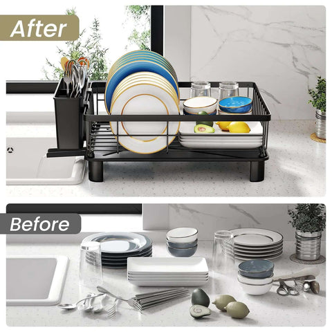 Before and after showing Space Saving Dish Rack For Small Kitchens With Utensil Holder And Drainboard, Angled Drainer In Stainless Steel