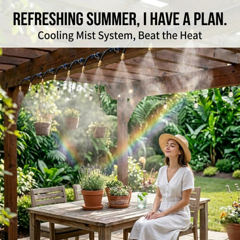 Woman relaxing under pergola with mist system, using Efficient Drip Irrigation Kit With 40 Ft Tubing And 13 Adjustable 360 Degree Copper Nozzles