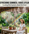Cooling mist system on pergola with woman seated beneath, rainbow visible; refreshing summer scene in garden.