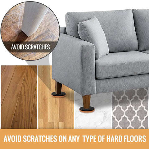 Heavy Duty Felt Furniture Sliders For Hardwood Floors And tile Pads Protecting Your Home From Scratches While Moving Sofas Dressers And Heavy Appliances With Ease In This Eight Pack Set, shown under a gray couch.