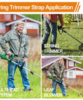 Man using Built Tough Shoulder Strap For Weed Trimmer And Leaf Blower Nylon Belt With Durable Metal Clip Compatible With Greenworks