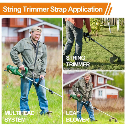 Man using Built Tough Shoulder Strap For Weed Trimmer And Leaf Blower Nylon Belt With Durable Metal Clip Compatible With Greenworks