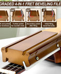 Guitar fret beveling file tool, brown metal with 3°, 23°, 35°, 90° angles shown on a guitar neck.