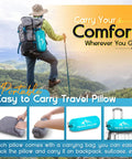 Hiker with Go To Travel Pillow for Sleeping on the Go Memory Foam Small Pillow attached to backpack in mountain landscape