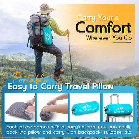 Hiker with Go To Travel Pillow for Sleeping on the Go Memory Foam Small Pillow attached to backpack in mountain landscape