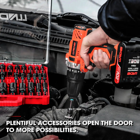 Using Magnetic Impact Nut Driver Set For Pros 55 Piece SAE And Metric Kit With Deep Driver Bits on engine, visible drill and case