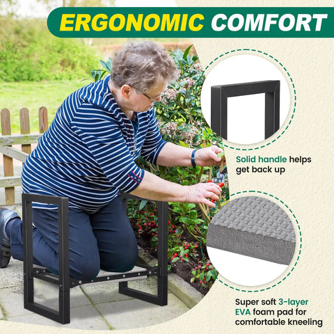 Heavy Duty Folding Garden Kneeler And Seat With Handles being used by senior for gardening support on grass, close view of handles and pad