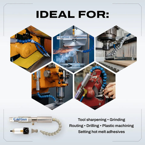 Built Different Heavy Duty Cold Air Gun Delivering Rock Solid Spot Cooling used for tool sharpening, grinding, routing, drilling, and plastic machining.