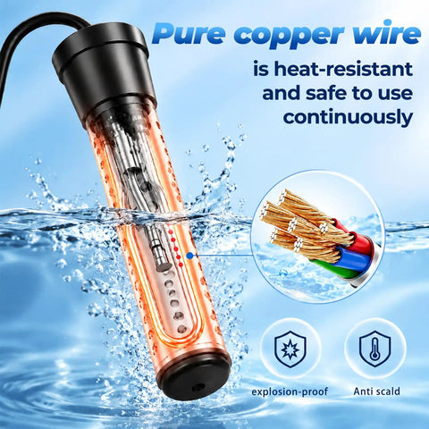 Portable Water Heater For Buckets And Tubs Featuring A Beefy 2000 Watt Immersion Design in water showcasing pure copper wire.
