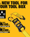 Yellow ratchet strap with black ergonomic handle and weather-resistant tag