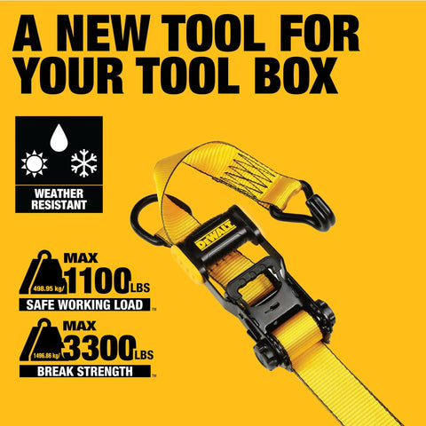 Yellow ratchet strap with black ergonomic handle and weather-resistant tag